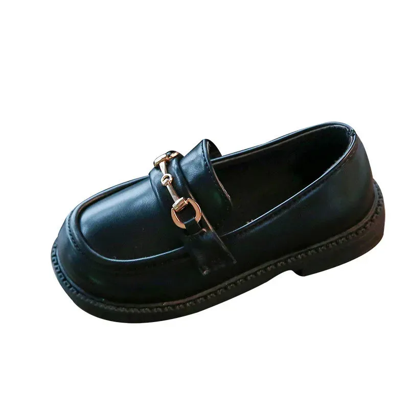 2024 Spring New Girls British Boys Leather Shoes Children Soft Mary Janes Metal Kids Fashion Casual Solid Black Slip-on Loafers