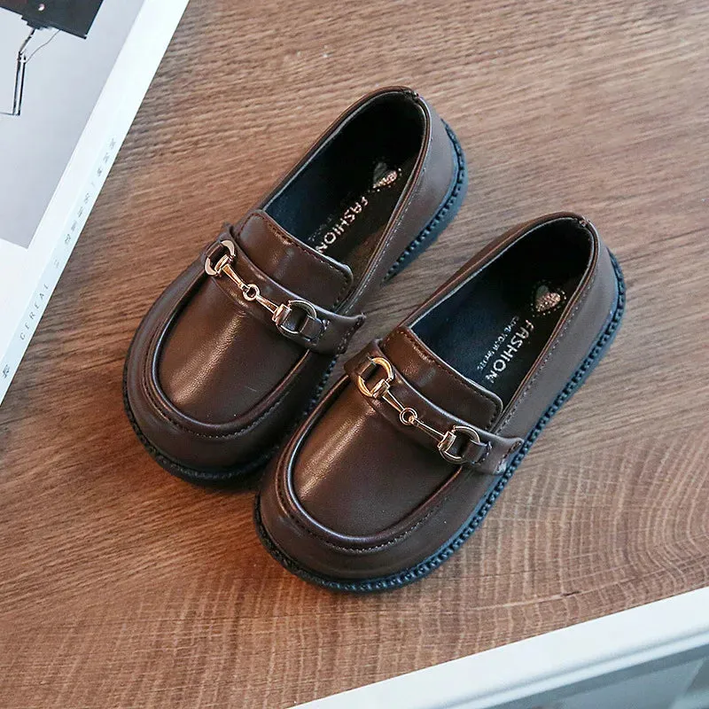 2024 Spring New Girls British Boys Leather Shoes Children Soft Mary Janes Metal Kids Fashion Casual Solid Black Slip-on Loafers