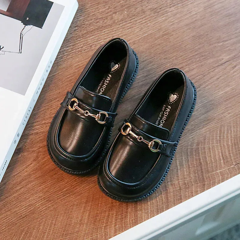 2024 Spring New Girls British Boys Leather Shoes Children Soft Mary Janes Metal Kids Fashion Casual Solid Black Slip-on Loafers