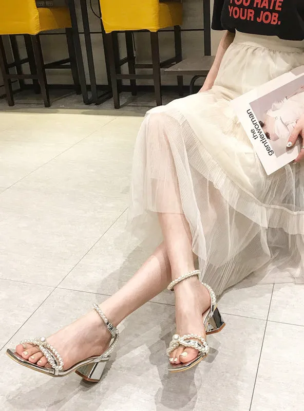 A Strap Silver Pearl Bow Thick Heel Sandals