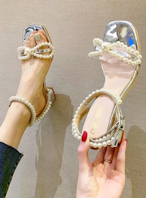 A Strap Silver Pearl Bow Thick Heel Sandals