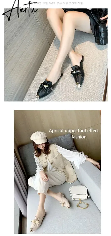 Aiertu Slippers for Women Flat Pointed Toe Pearl Knot Casual Summer Slip-on Mules Backless Loafers Ballet Flats Low Heel Luxury Shoes