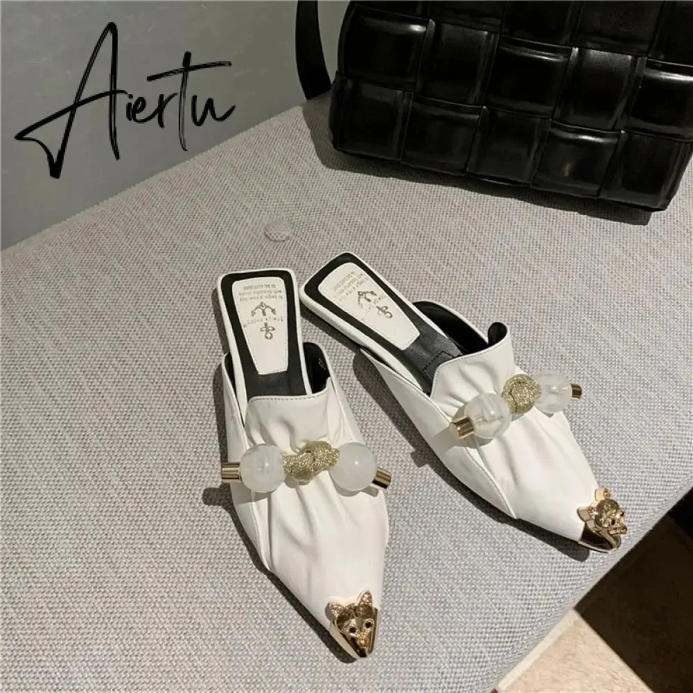 Aiertu Slippers for Women Flat Pointed Toe Pearl Knot Casual Summer Slip-on Mules Backless Loafers Ballet Flats Low Heel Luxury Shoes