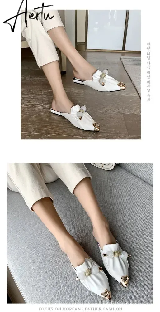 Aiertu Slippers for Women Flat Pointed Toe Pearl Knot Casual Summer Slip-on Mules Backless Loafers Ballet Flats Low Heel Luxury Shoes