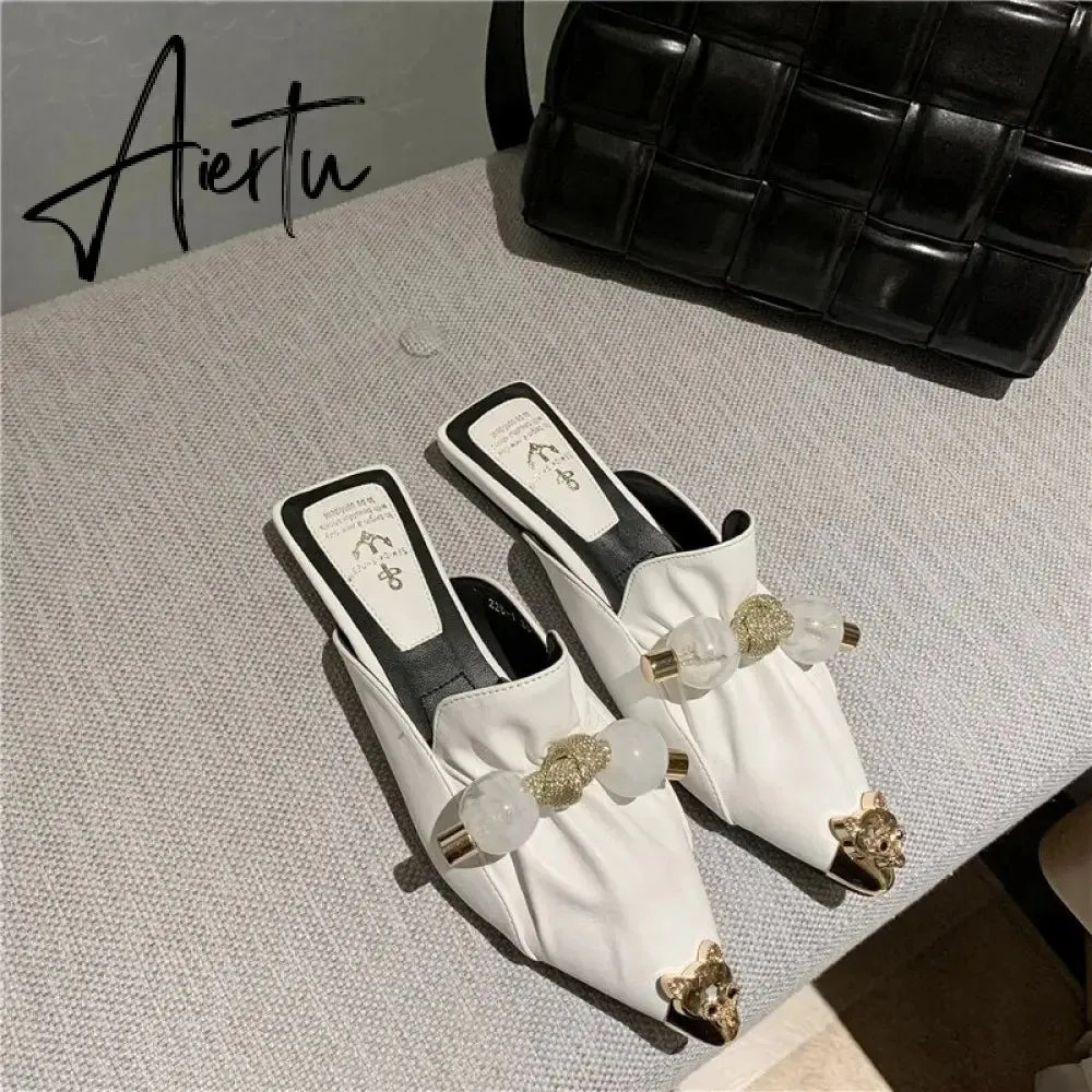 Aiertu Slippers for Women Flat Pointed Toe Pearl Knot Casual Summer Slip-on Mules Backless Loafers Ballet Flats Low Heel Luxury Shoes