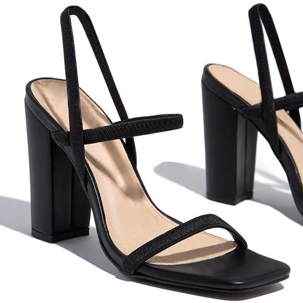 Amozae Elastic Straps Squared Toe Chunky Heels