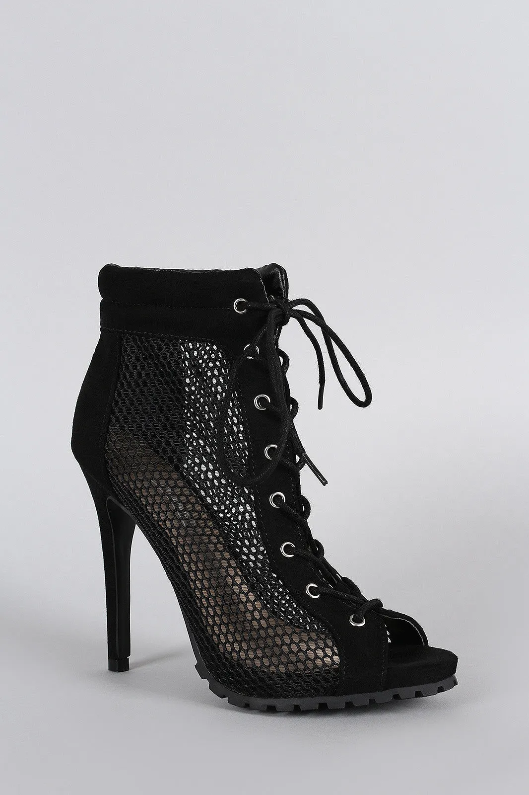 Anne Michelle Mesh Lace Up Lug Sole Booties