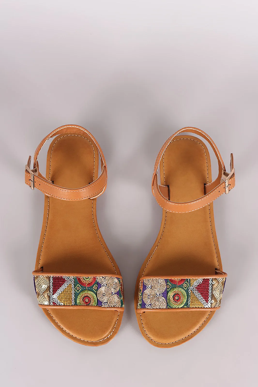 Bamboo Embroidered Sequin Ankle Strap Flat Sandal