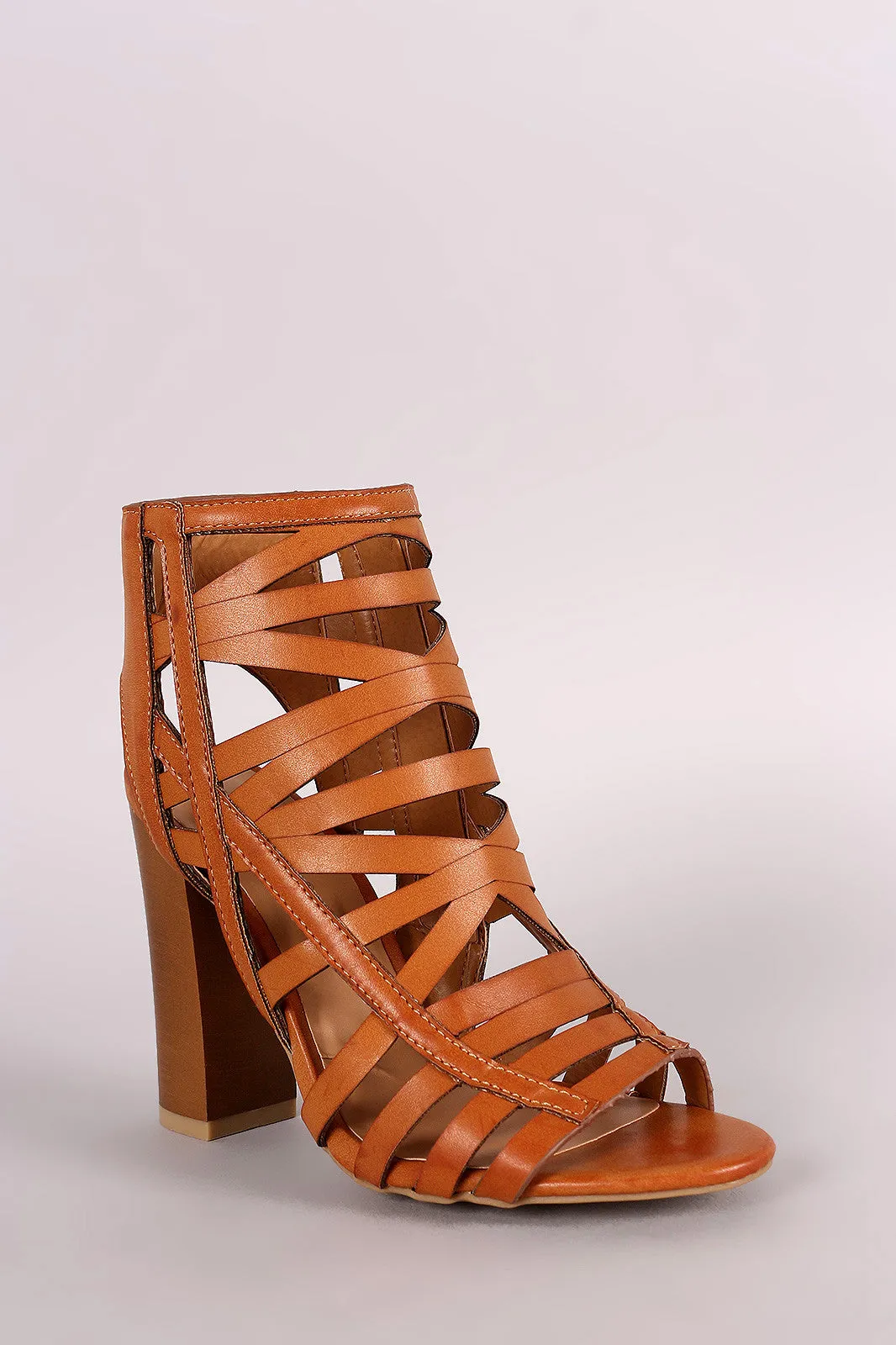 Bamboo Strappy Cutout Peep Toe Chunky Heel