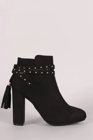 Bamboo Suede Studded Tassel Back Chunky Heeled Ankle Boots