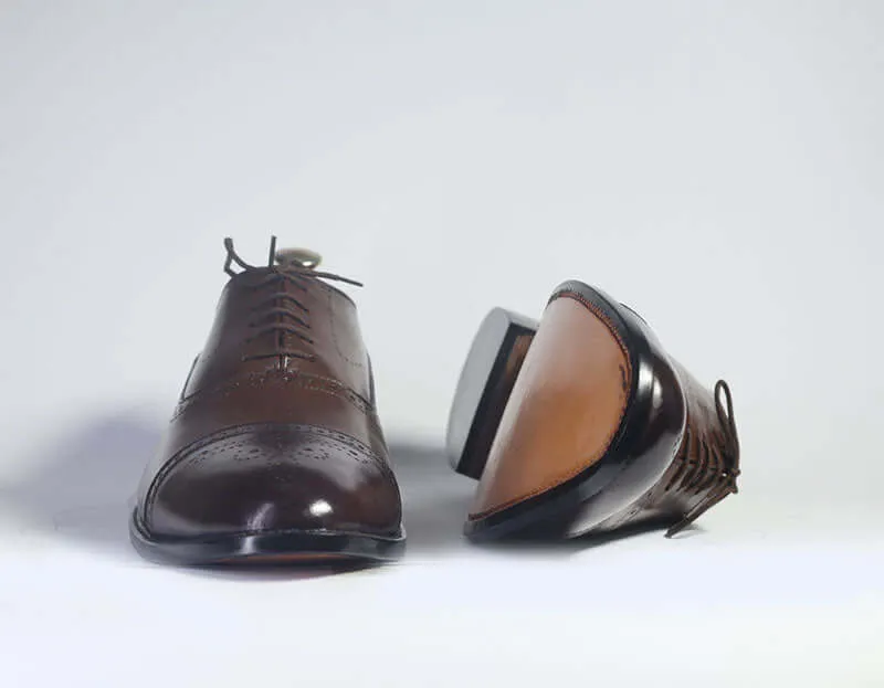 Bespoke Brown and Dark Brown Leather Cap Toe Lace Up Shoe for Men