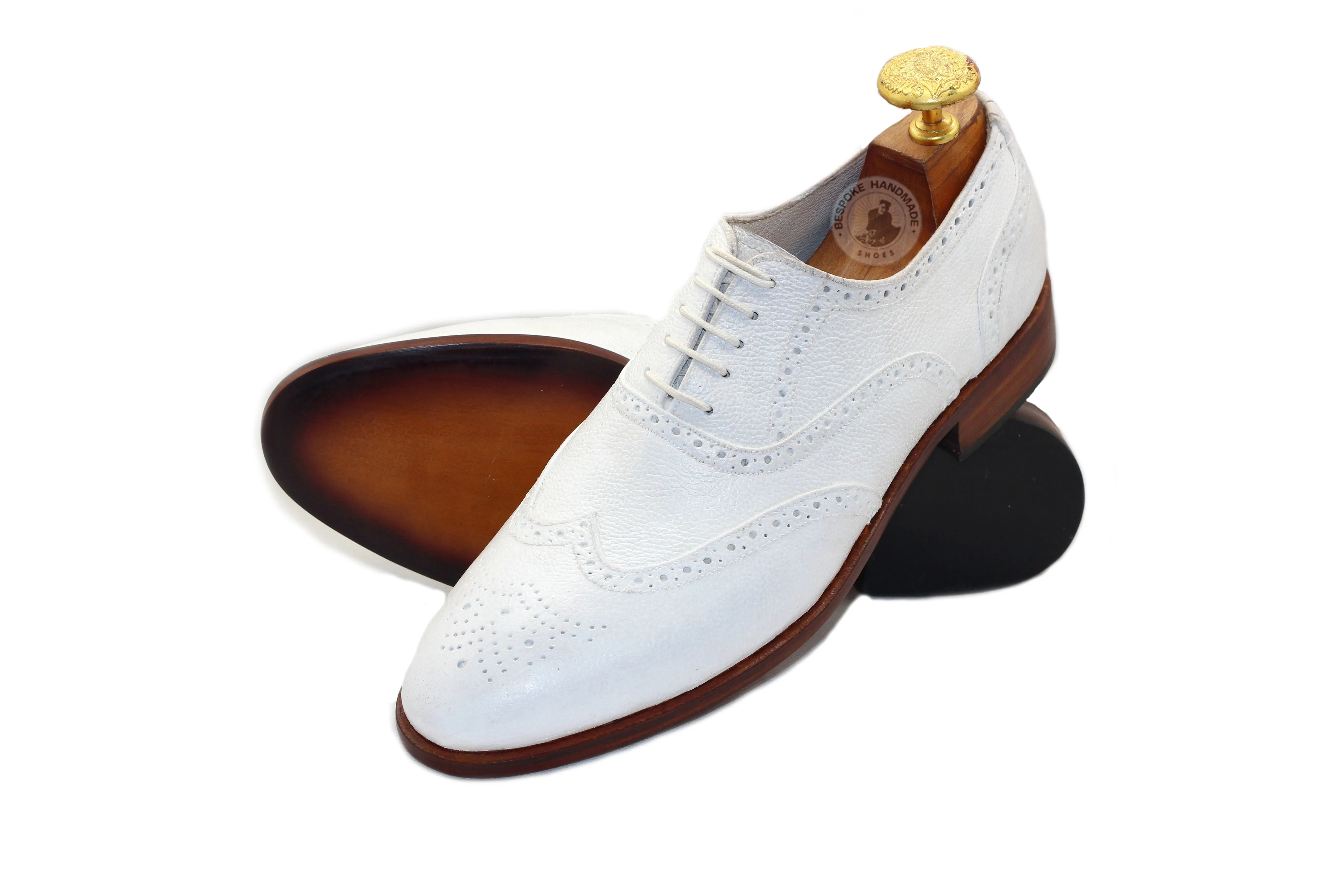 Bespoke Men's Brogue Wing Tip Round Toe Lace Up Handmade White Leather Shoes