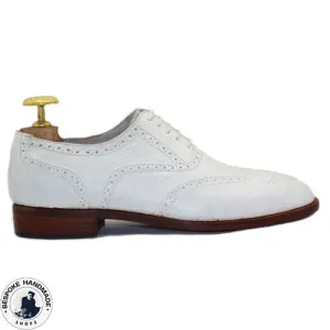 Bespoke Men's Brogue Wing Tip Round Toe Lace Up Handmade White Leather Shoes