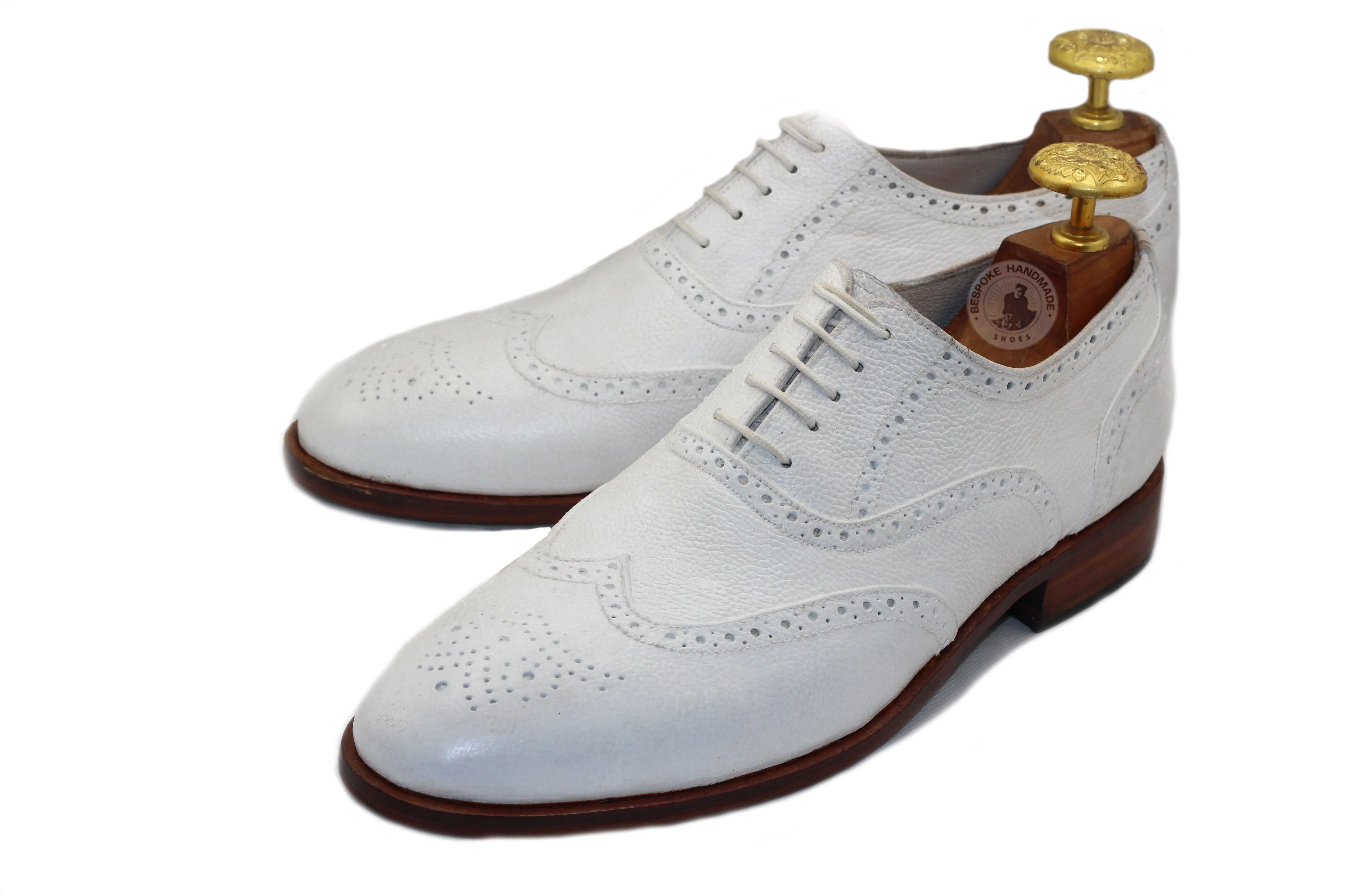 Bespoke Men's Brogue Wing Tip Round Toe Lace Up Handmade White Leather Shoes