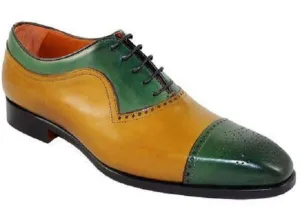 Bespoke Yellow & Green Leather Cap Toe Lace Up Shoe for Men's