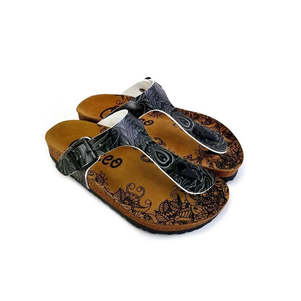 Black and Grey Patterned Flowers Sandal - CAL529