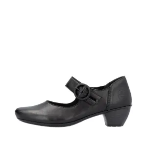 Black Leather Rieker Shoes Low Heel Strap Court 41756-00 sale