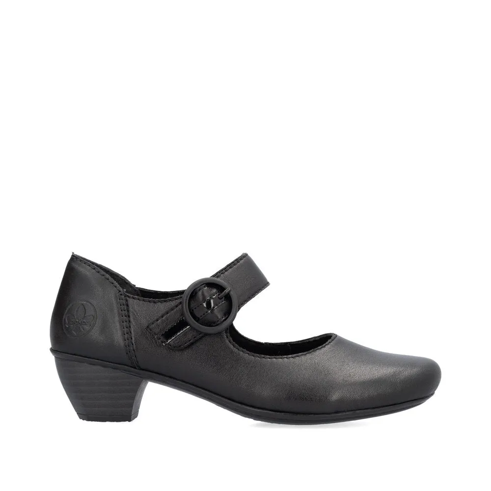 Black Leather Rieker Shoes Low Heel Strap Court 41756-00 sale