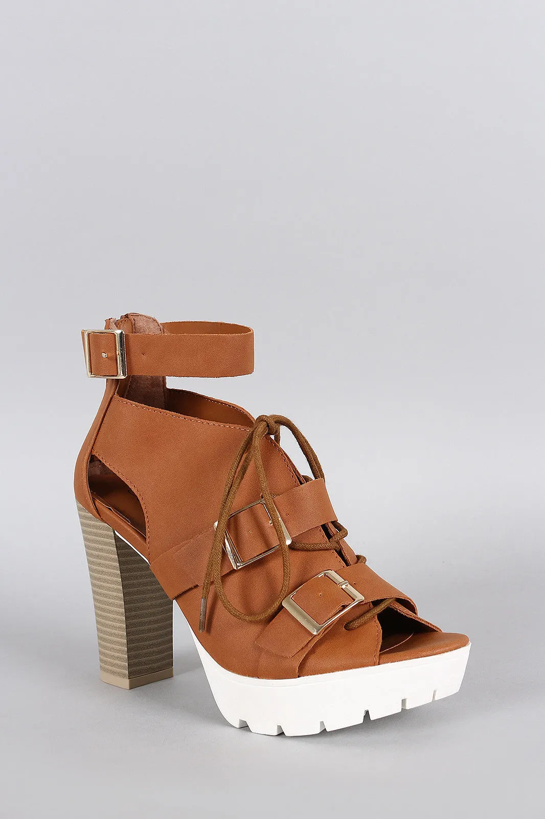 Breckelle Contrast Sole Buckle Cutout Bootie