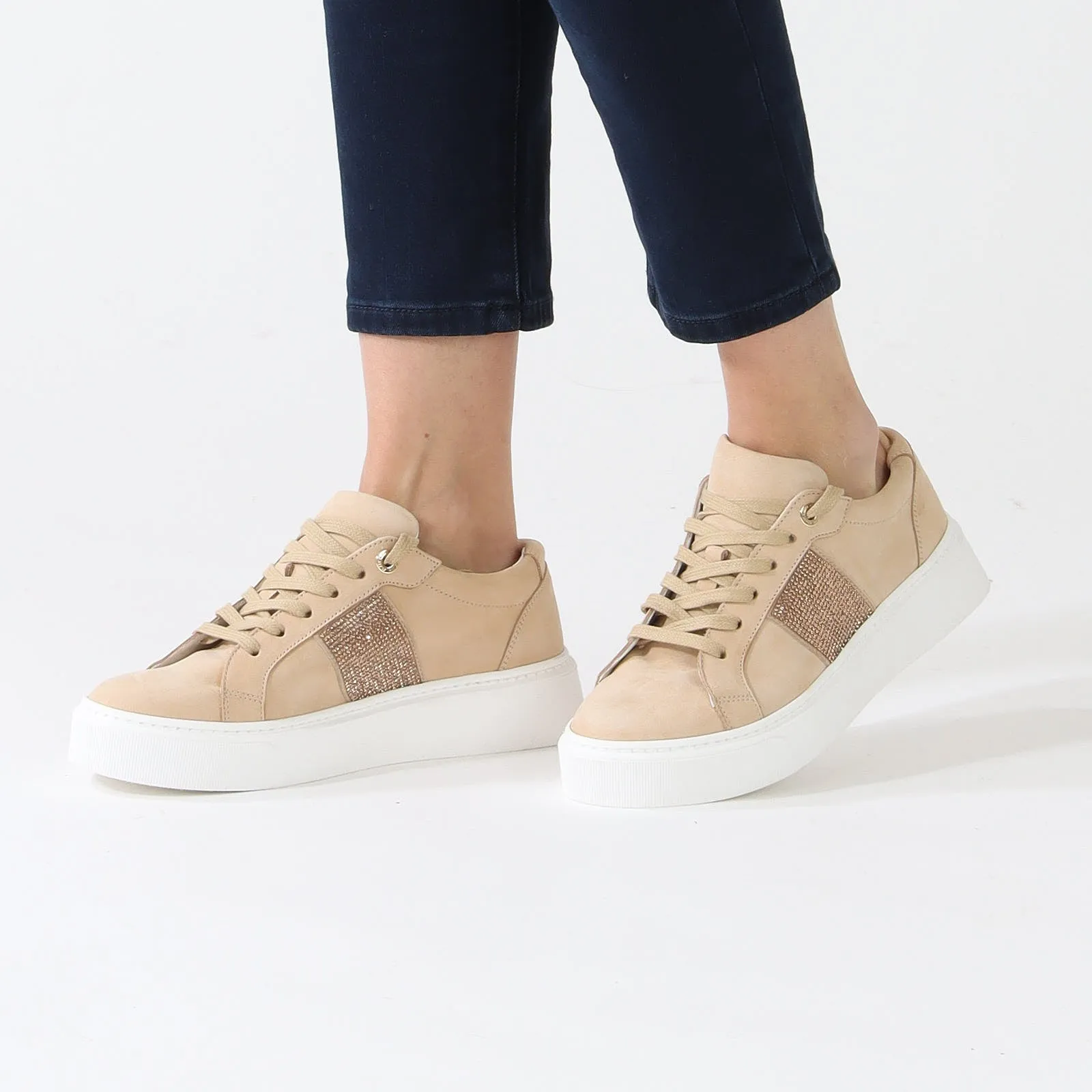 Bright Toffee Sneakers With Rhinestone Stripe