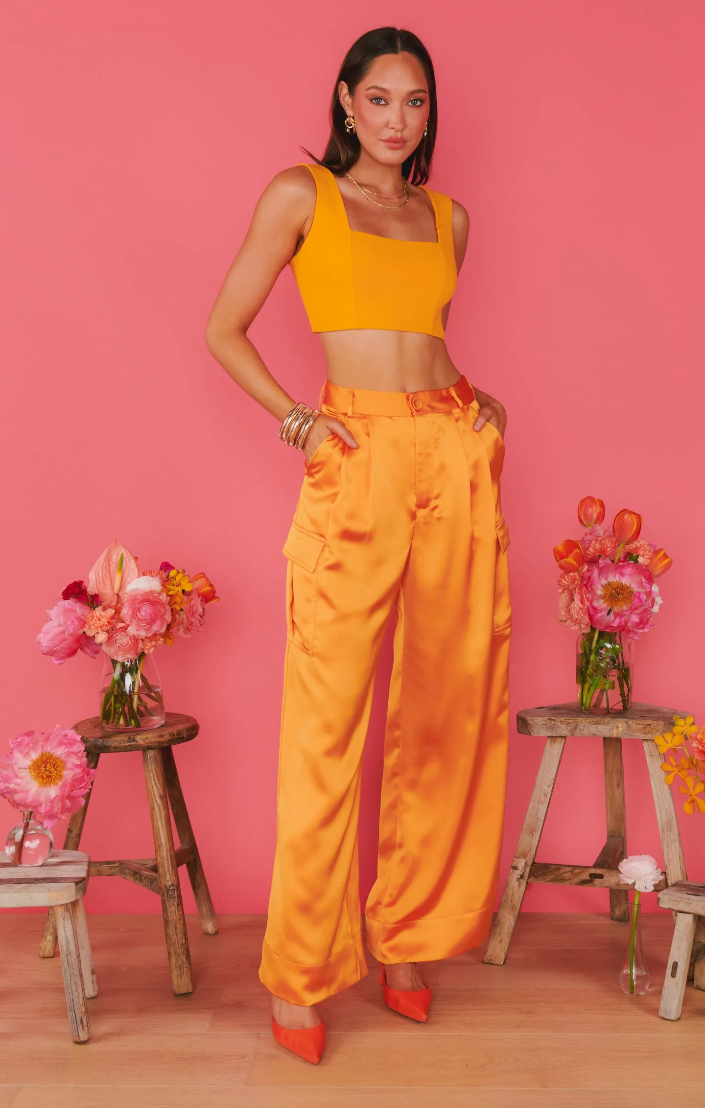 Cameo Cargo Pants ~ Tangerine Fluid Satin