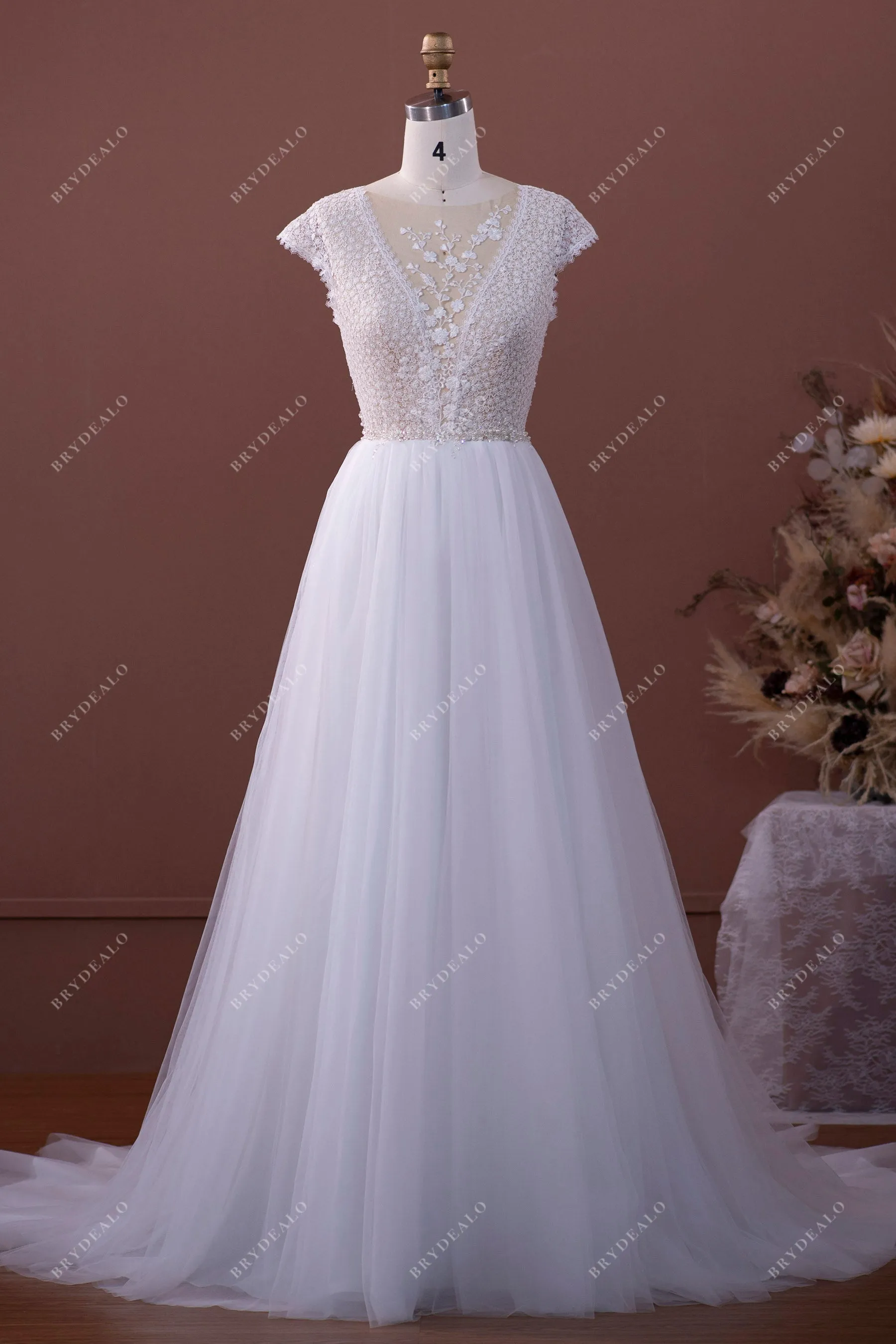 Cap Sleeve Illusion Floral Lace Tulle Bridal Gown