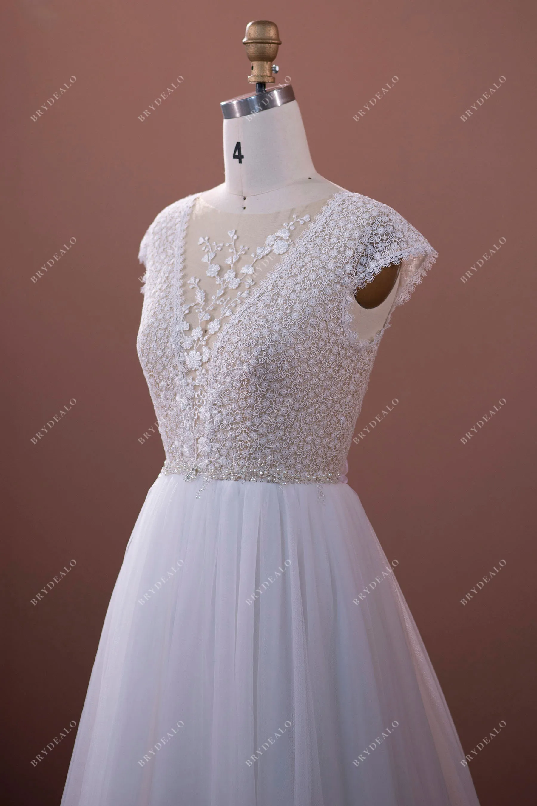 Cap Sleeve Illusion Floral Lace Tulle Bridal Gown