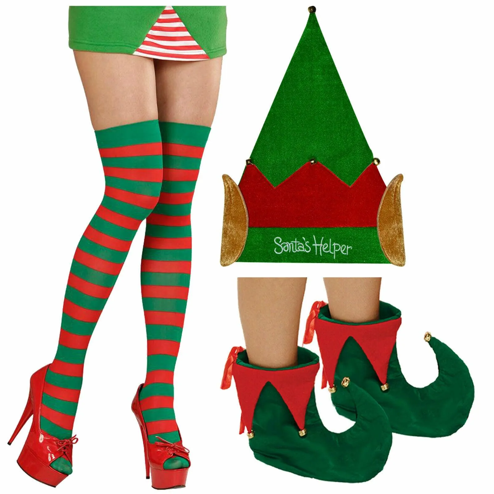 Christmas Santa Helper Hat, Striped OTK Socks, and Elf Shoes - Xmas Fancy Dress 3 Pc Set