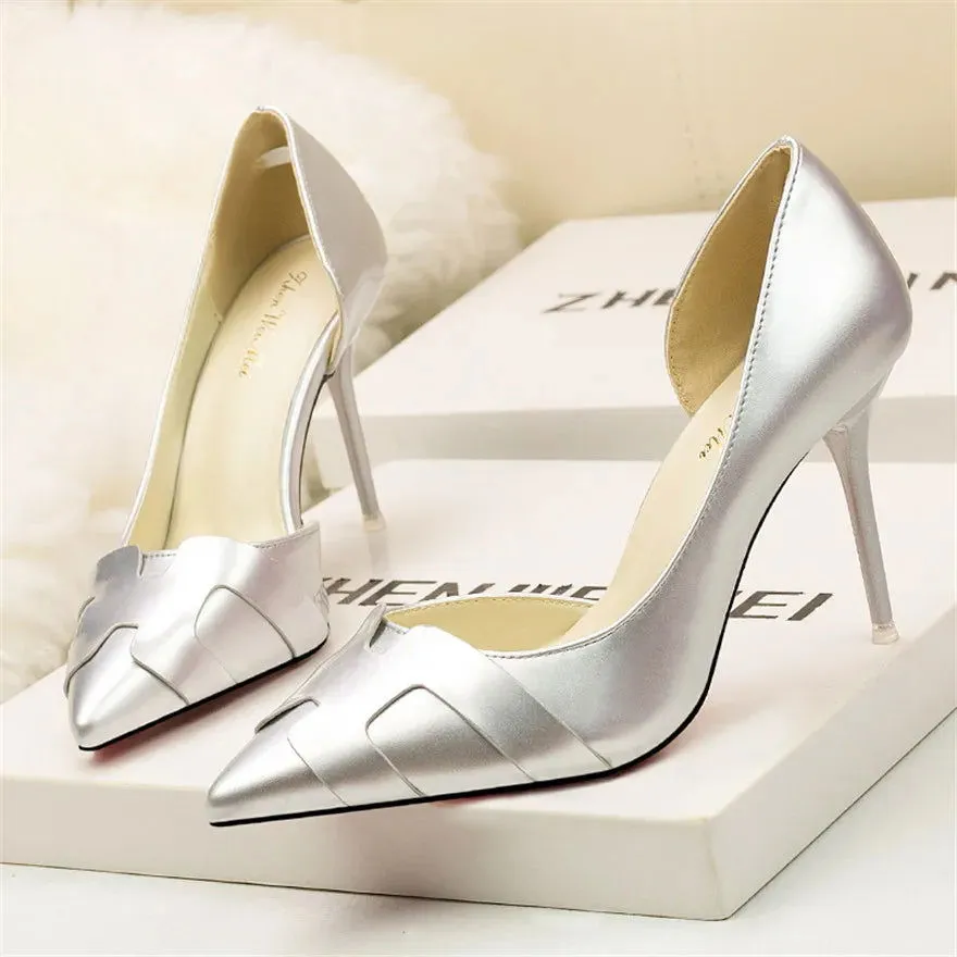 Cut-Out Shallow Side Thin High Heels Women's Leather Shoes