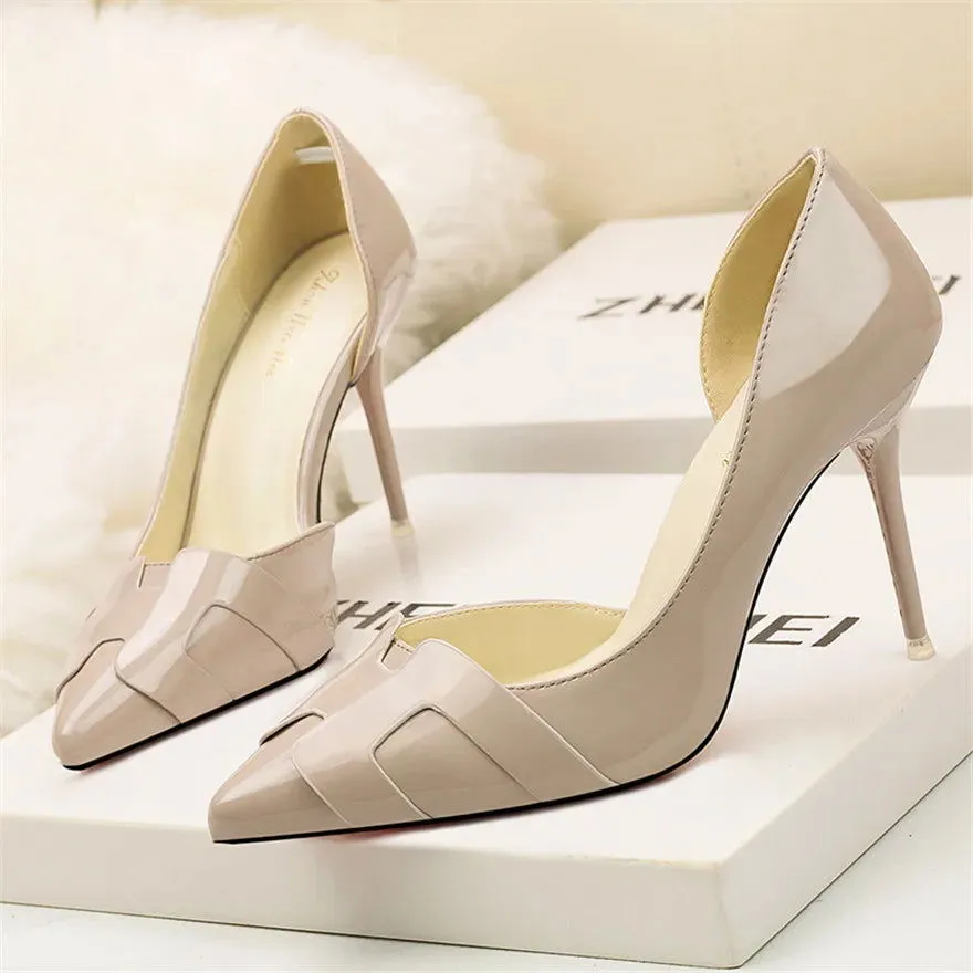 Cut-Out Shallow Side Thin High Heels Women's Leather Shoes