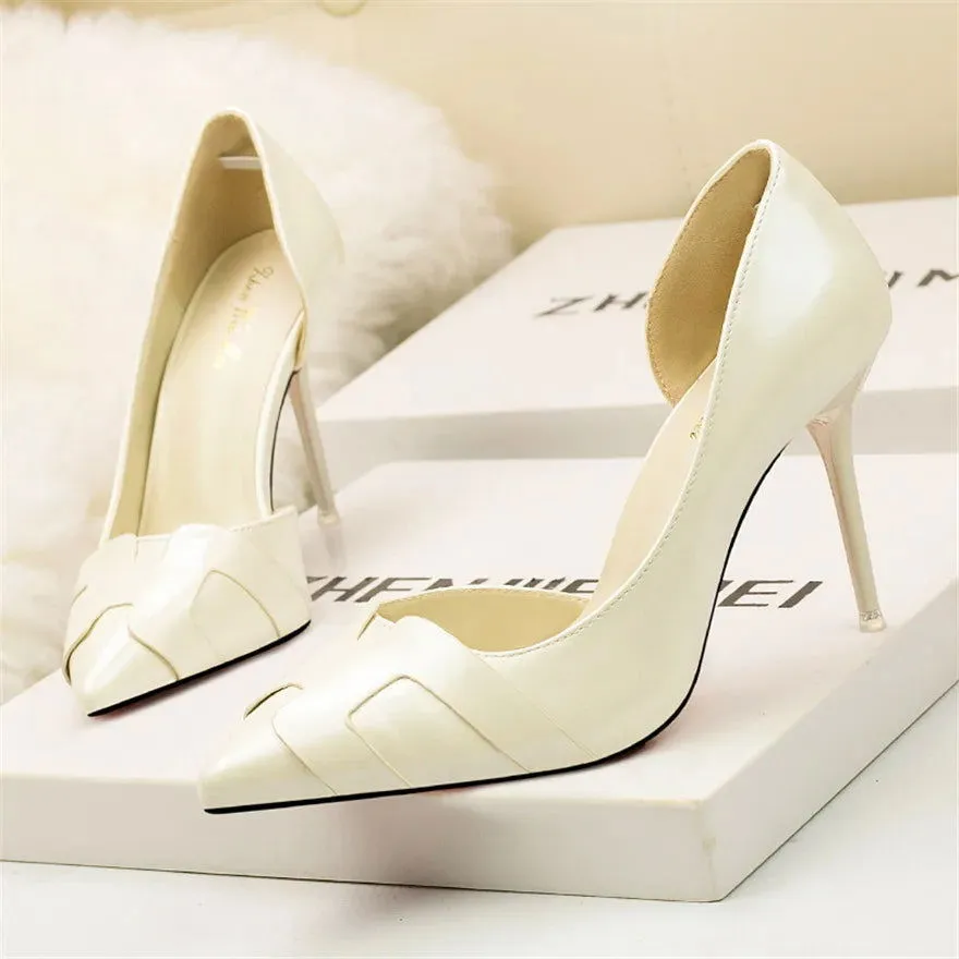 Cut-Out Shallow Side Thin High Heels Women's Leather Shoes