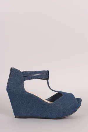 Denim Peep Toe T-Strap Platform Wedge