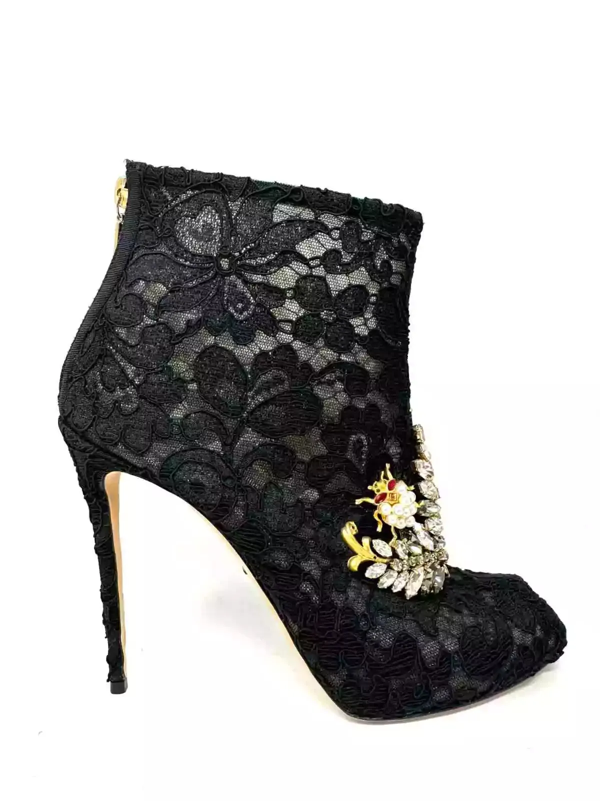 Dolce & Gabbana Black Lace Crystal Embellished Peep Toe Booties 41