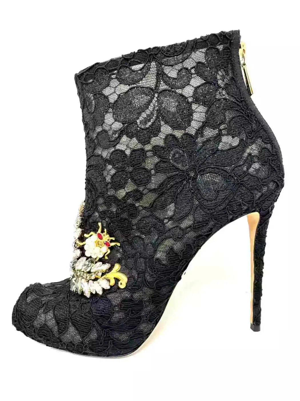 Dolce & Gabbana Black Lace Crystal Embellished Peep Toe Booties 41