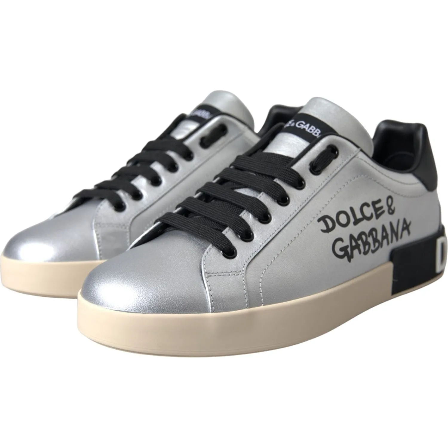 Dolce & Gabbana Silver Portofino Calf Leather Sneakers Men Shoes