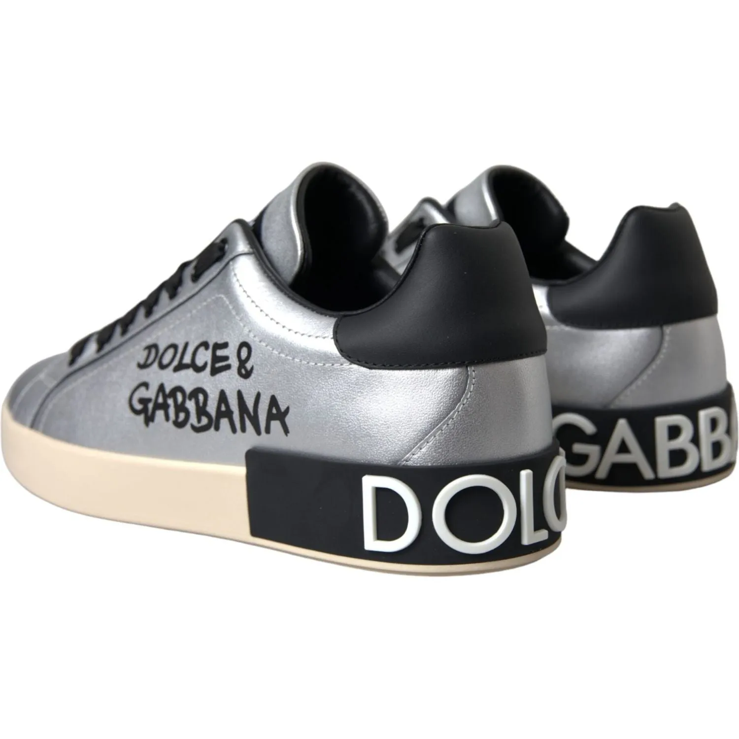 Dolce & Gabbana Silver Portofino Calf Leather Sneakers Men Shoes