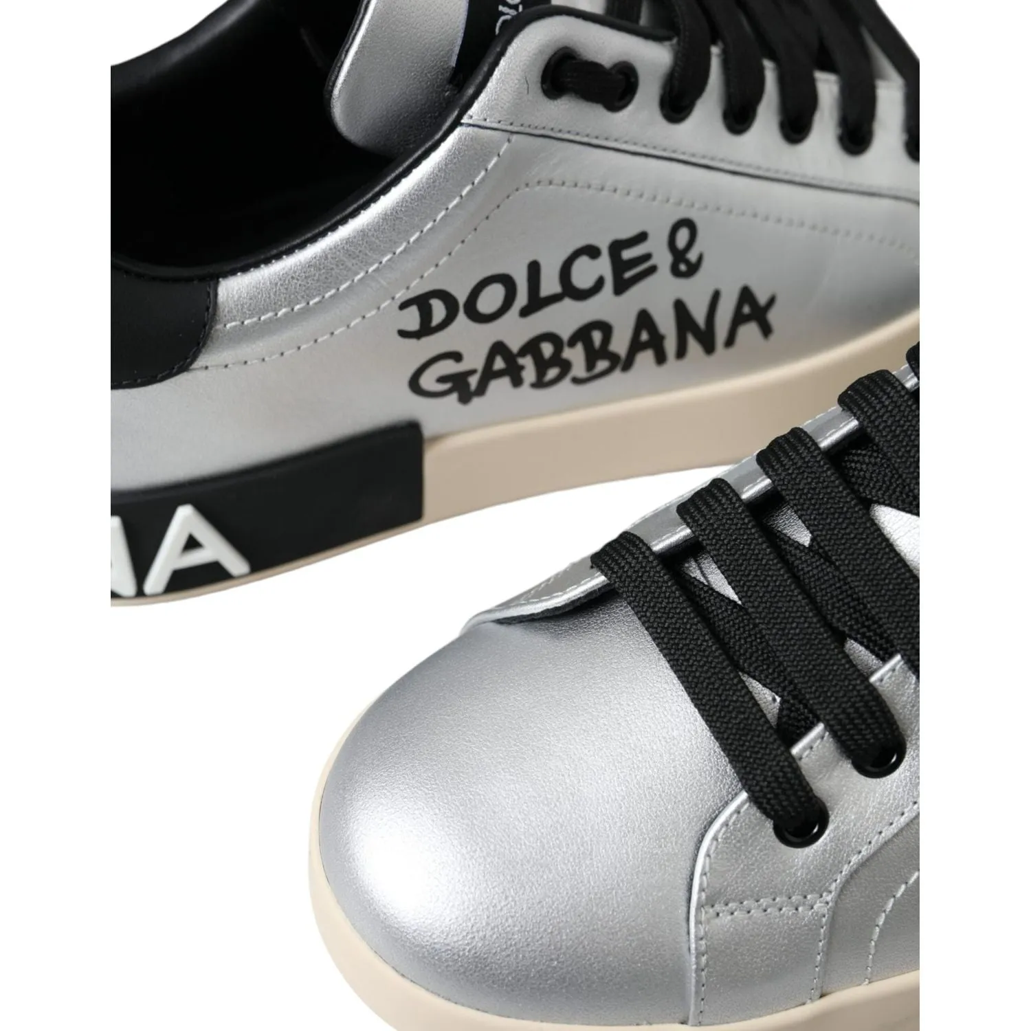 Dolce & Gabbana Silver Portofino Calf Leather Sneakers Men Shoes