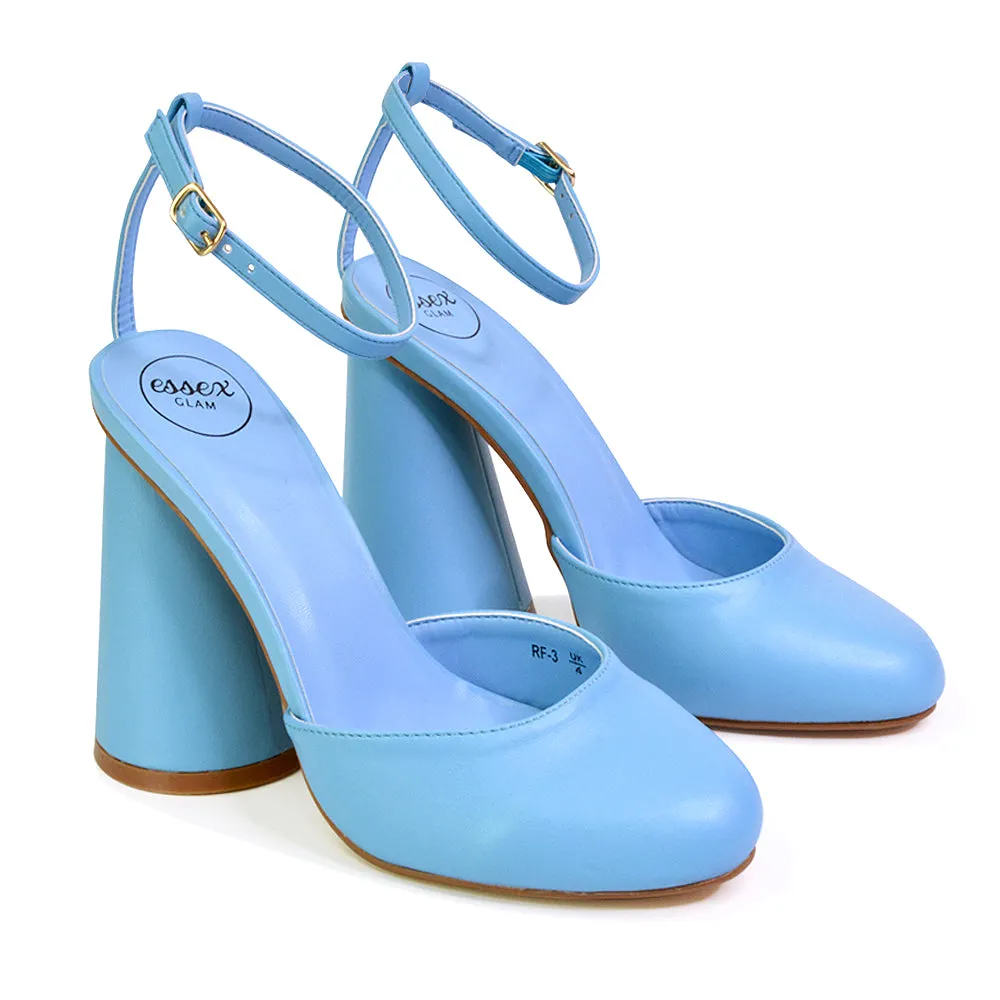 Ekin Ankle Strap Closed Toe Statement Cylinder Block Heel In Blue