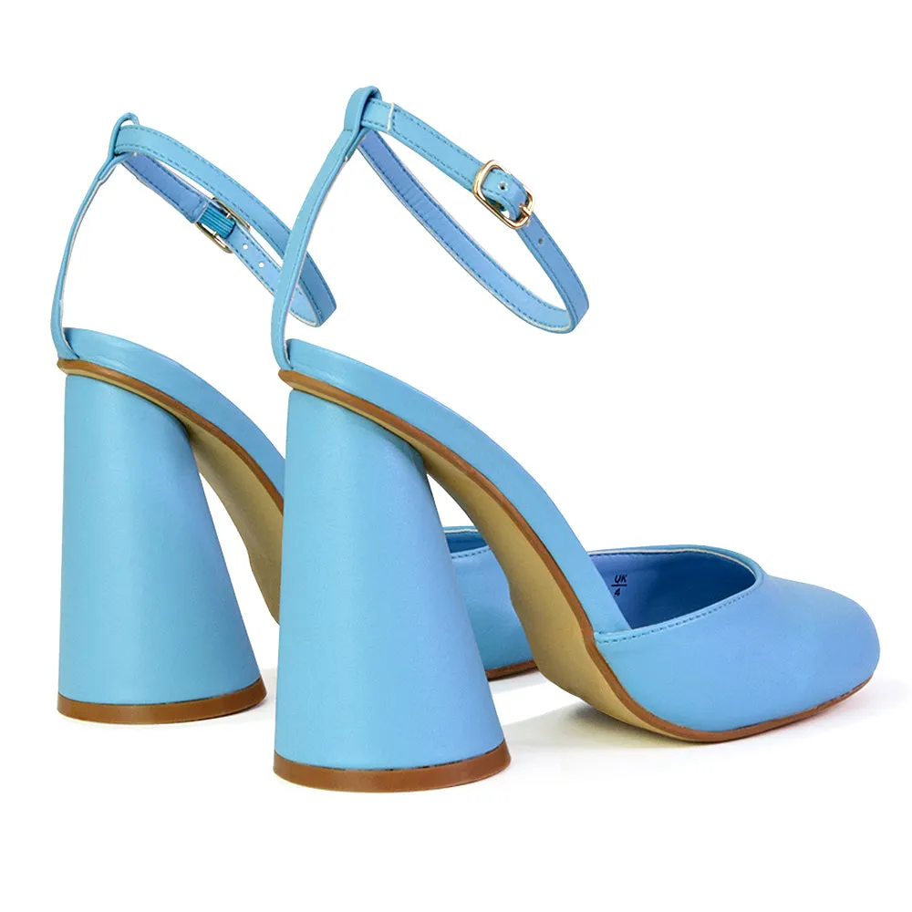 Ekin Ankle Strap Closed Toe Statement Cylinder Block Heel In Blue