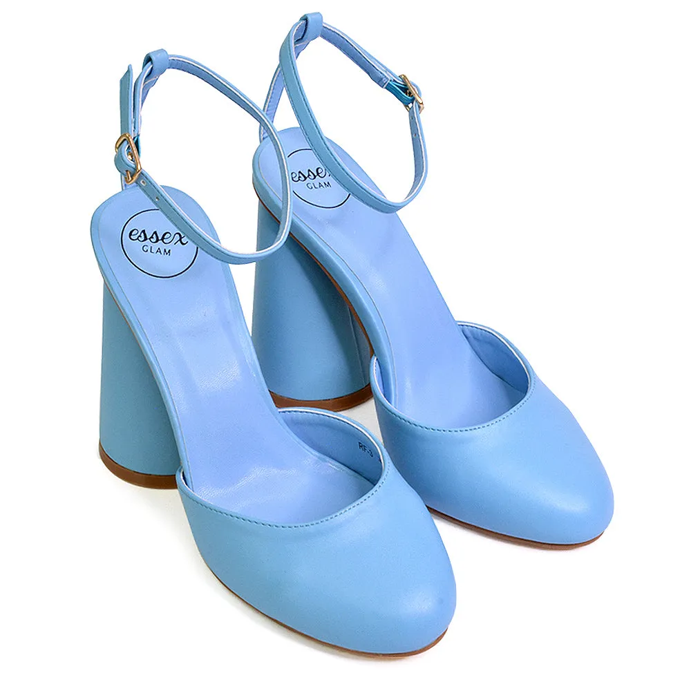 Ekin Ankle Strap Closed Toe Statement Cylinder Block Heel In Blue