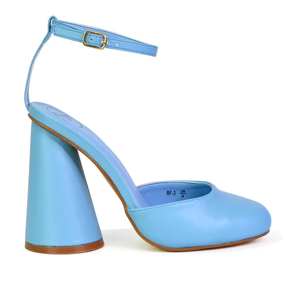 Ekin Ankle Strap Closed Toe Statement Cylinder Block Heel In Blue