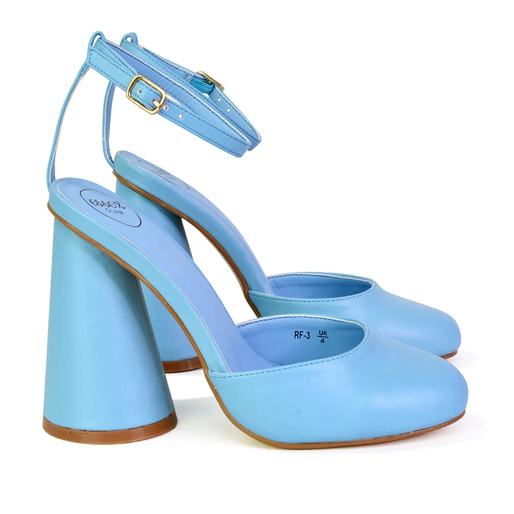 Ekin Ankle Strap Closed Toe Statement Cylinder Block Heel In Blue