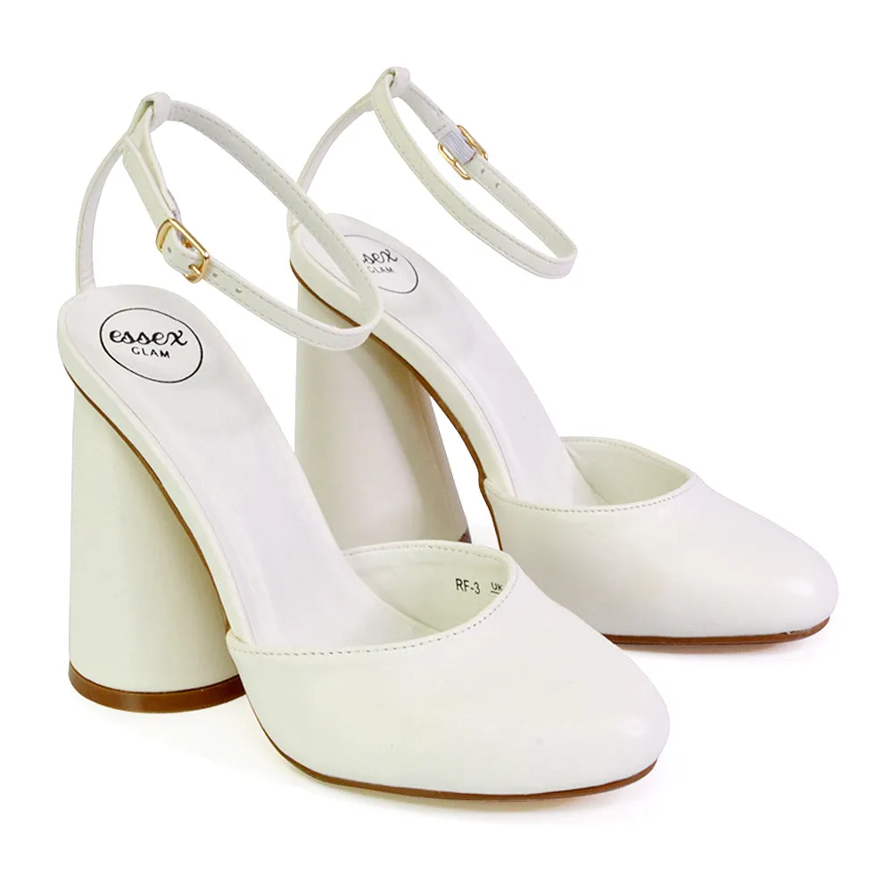 Ekin Ankle Strap Closed Toe Statement Cylinder Block Heel In White