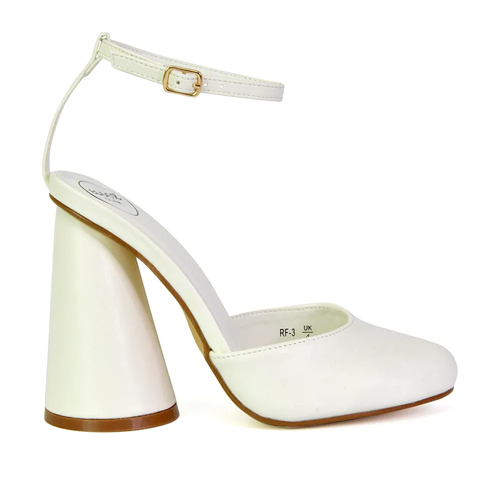 Ekin Ankle Strap Closed Toe Statement Cylinder Block Heel In White