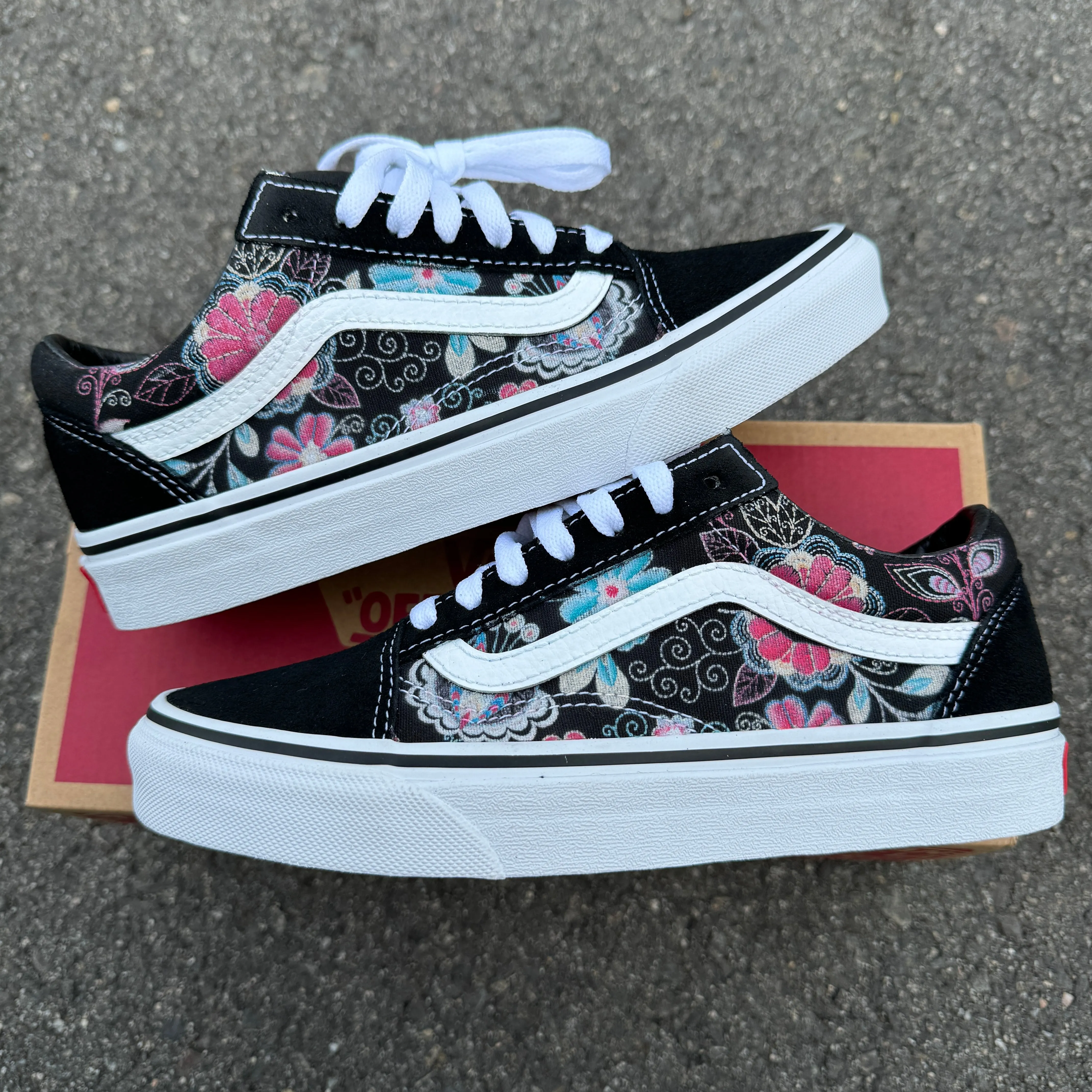 Embroidery Inspired Black Vans Old Skool Shoes - Custom Vans Shoes for Women and Men