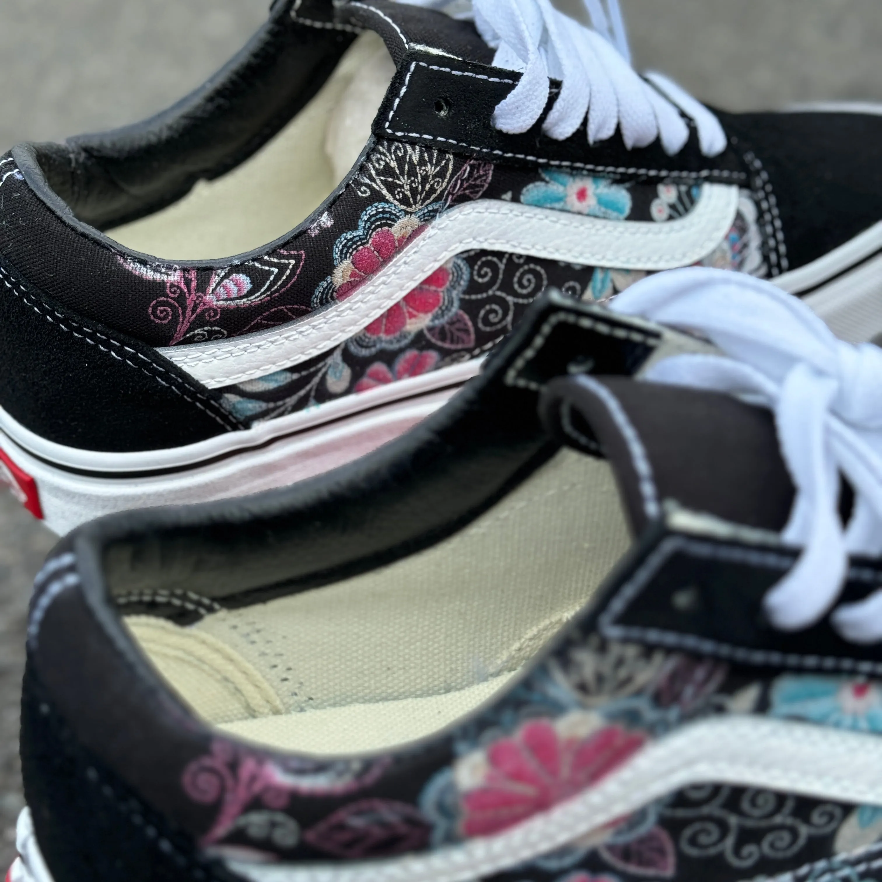 Embroidery Inspired Black Vans Old Skool Shoes - Custom Vans Shoes for Women and Men