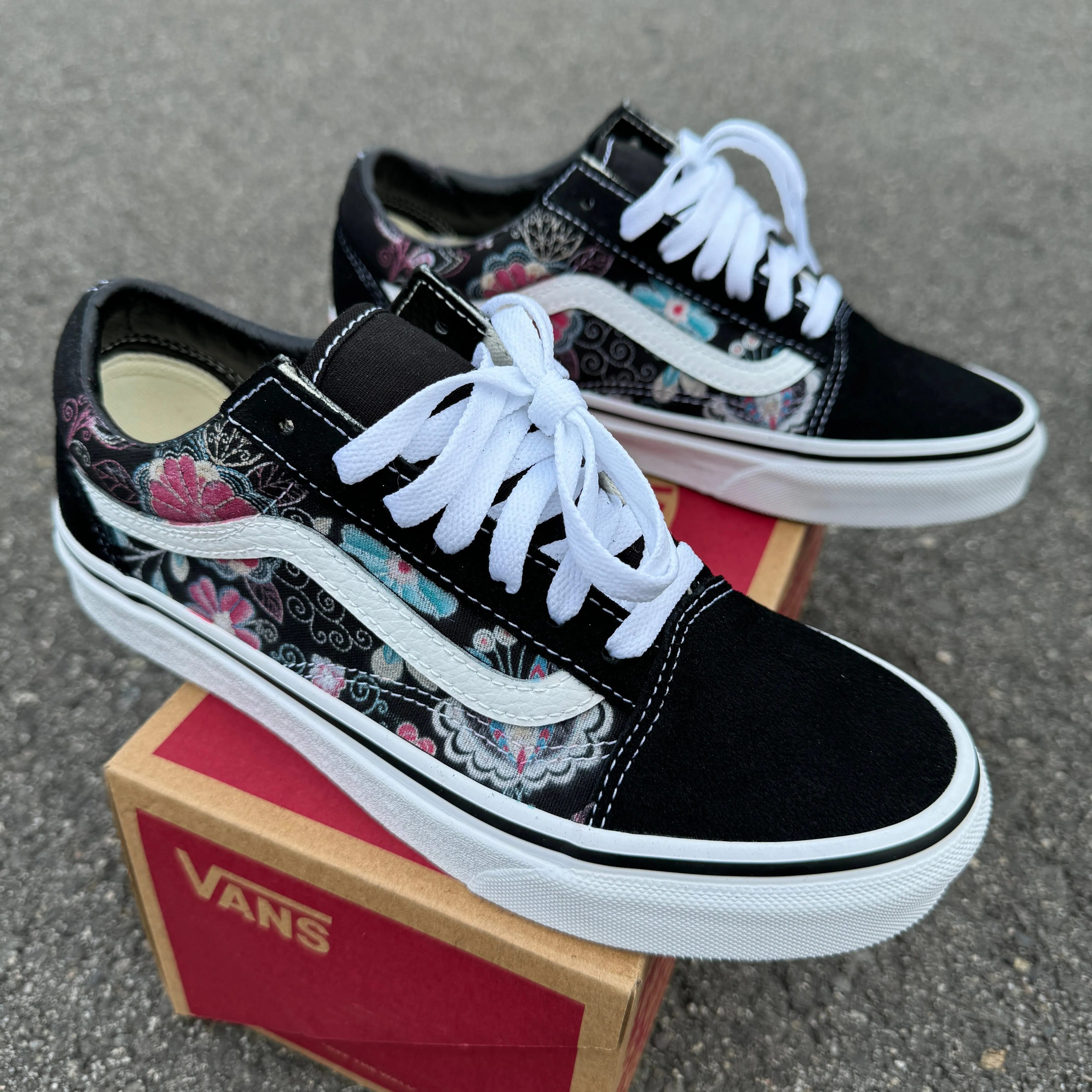 Embroidery Inspired Black Vans Old Skool Shoes - Custom Vans Shoes for Women and Men