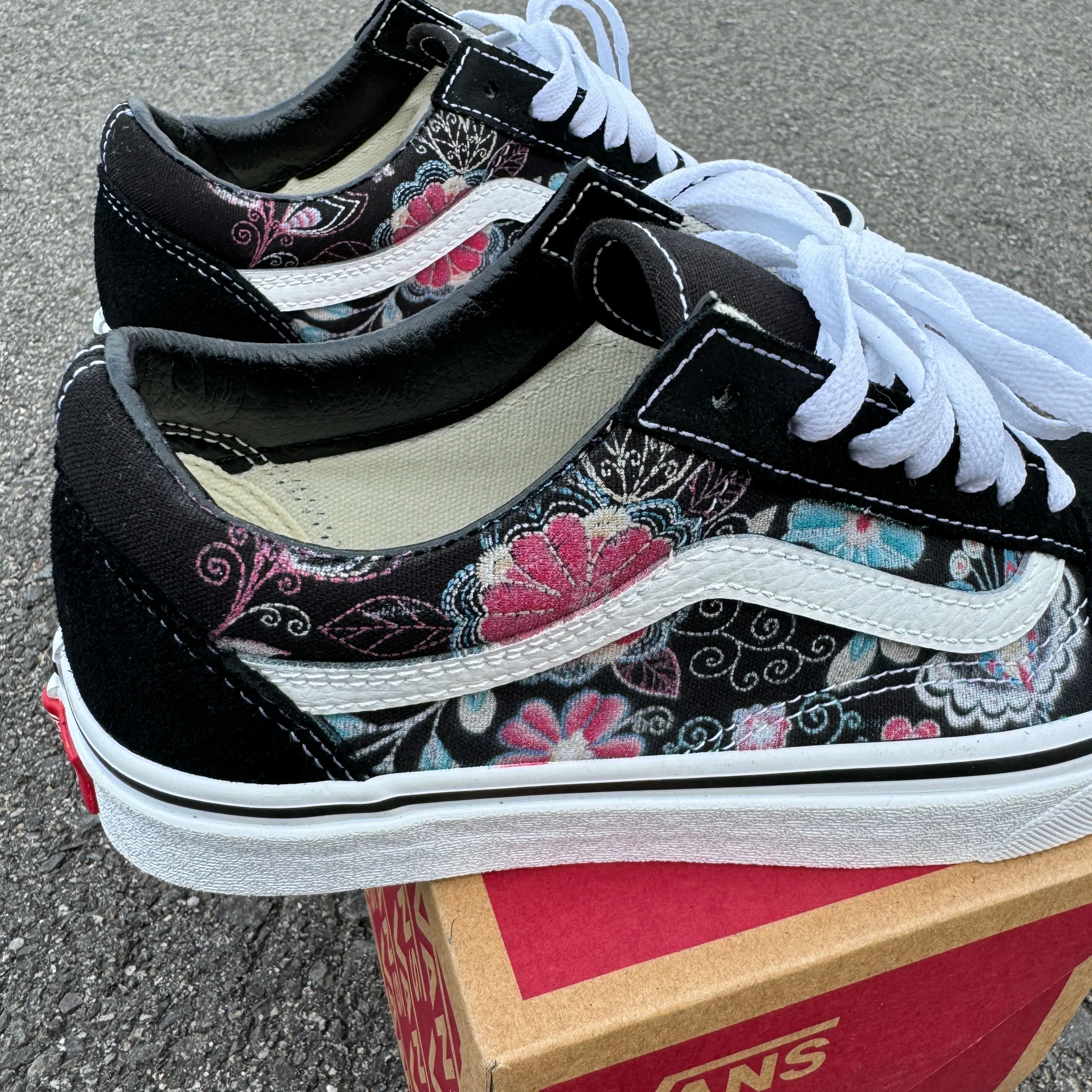 Embroidery Inspired Black Vans Old Skool Shoes - Custom Vans Shoes for Women and Men