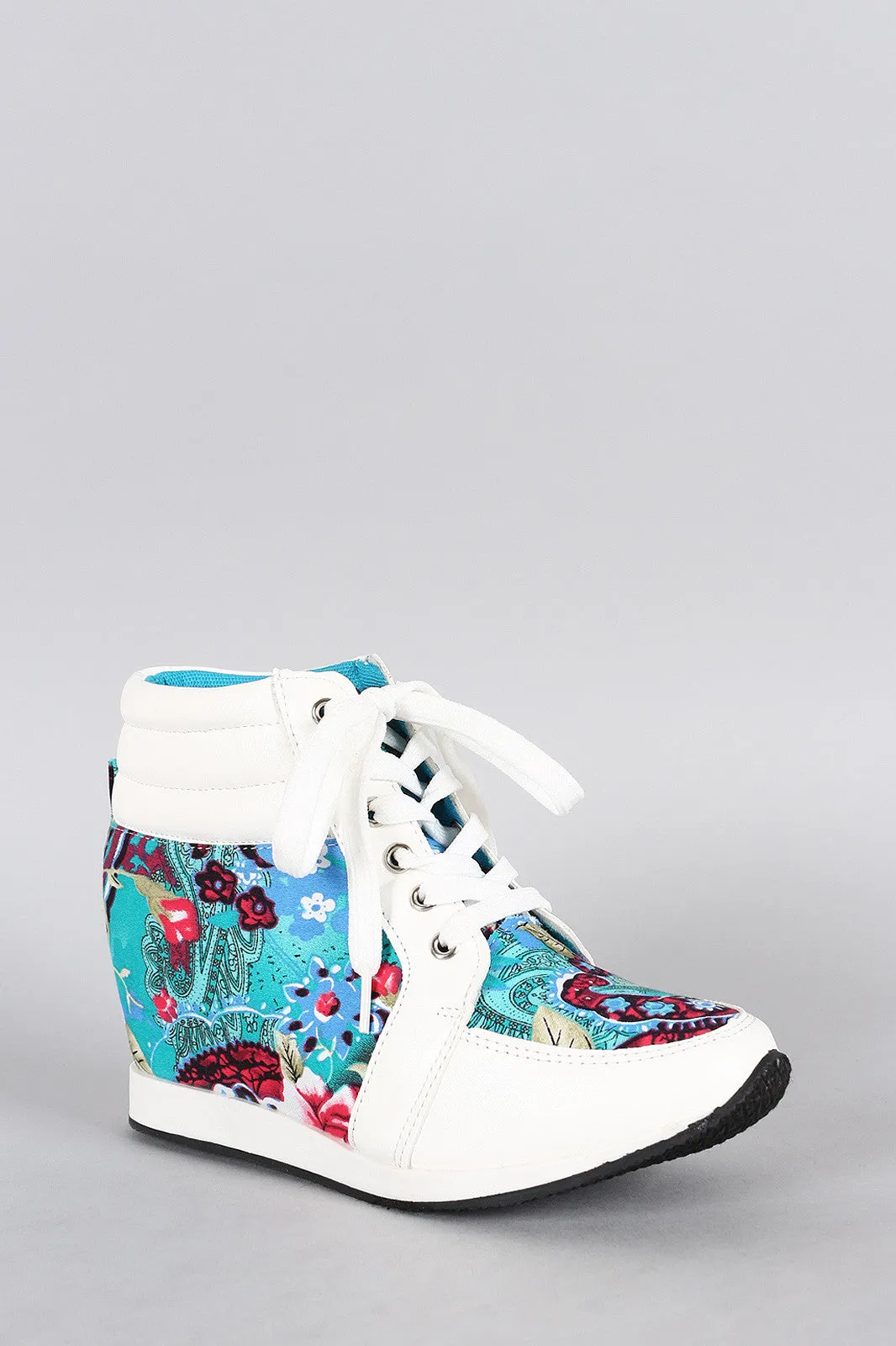 Floral Round Toe High Top Wedge Sneaker