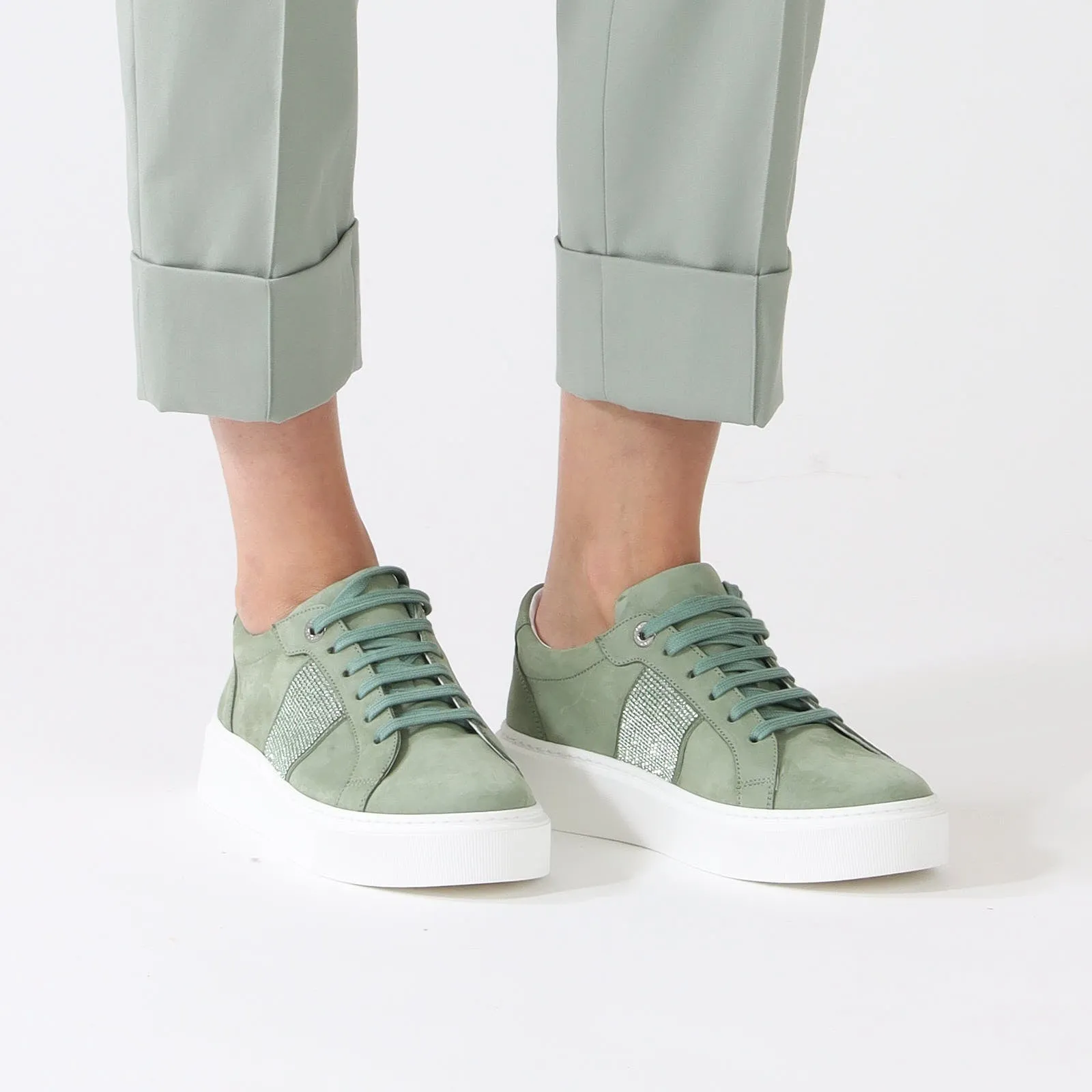 Frozen Sage  Sneakers With Rhinestone Stripe